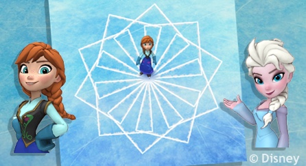 Anna i Elsa z filmu Kraina lodu. Pomiędzy nimi jest obraz Anny rysującej łyżwami ładny kształt na lodzie.